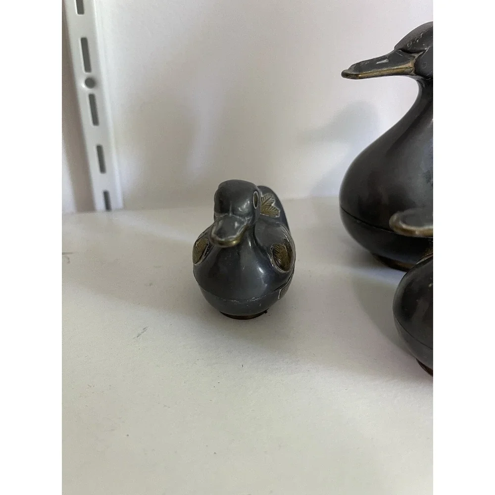 Vintage Solid Pewter and Brass Tin Duck Family Lidded Boxes - Set of 3 Hong Kon